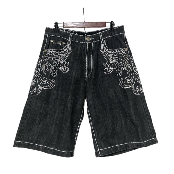 Vintage Urban Couture Victorious Baggy Embroidered Y2K Cross Black Denim Shorts - Picture 4 of 16